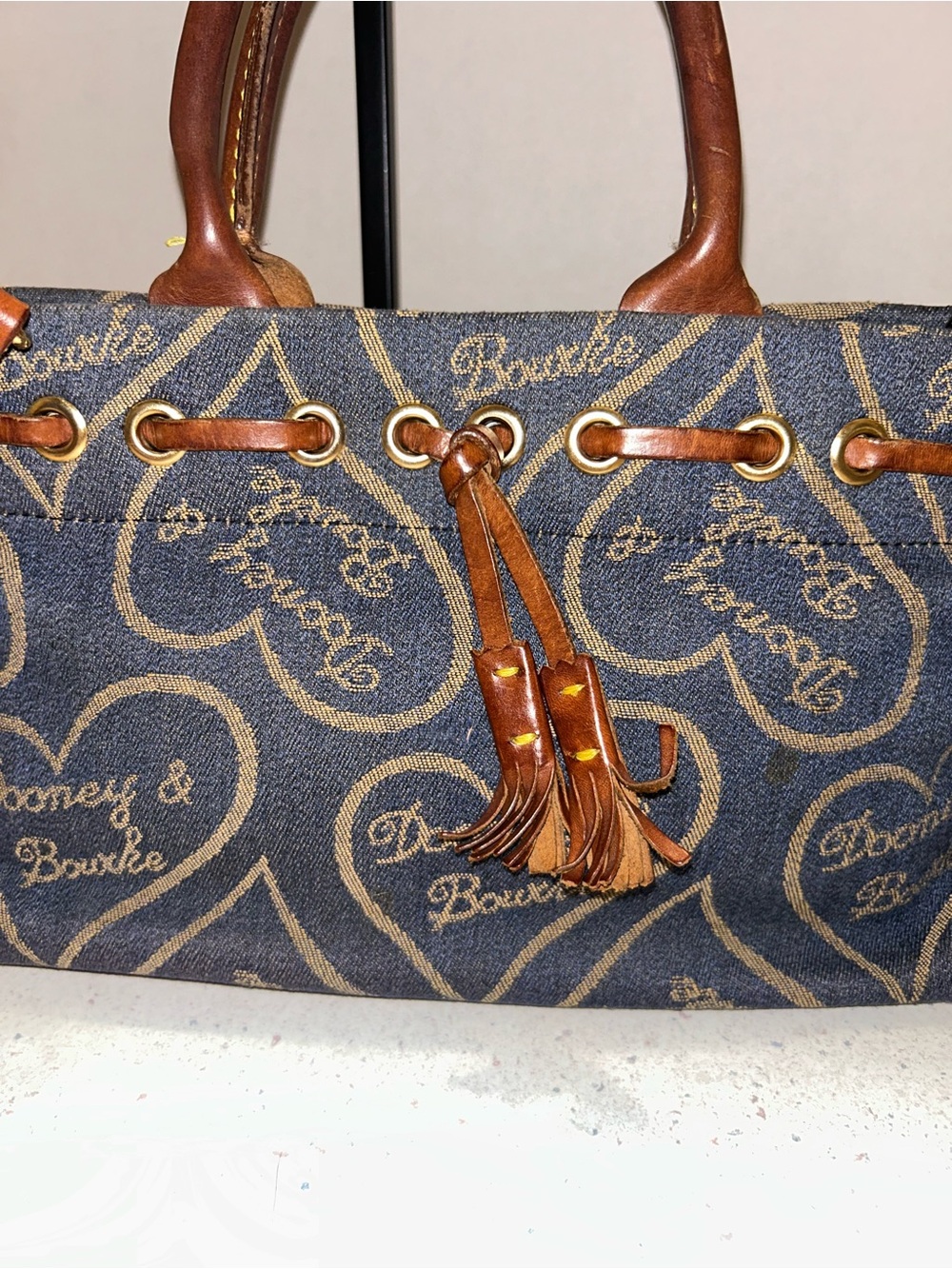 Dooney & Bourke Navy and Brown Heart Jacquard Leather-Trim Tote